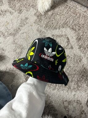 adidas Black Bucket Hat with Neon Yellow, Teal and Red Trefoils